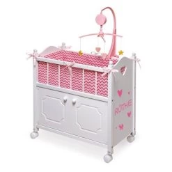 Badger Basket Cabinet Doll Crib With Chevron Bedding And Free Personalization Kit - White/Pink
