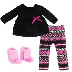 Sophia’s Ikat Print Knit Leggings, Long-Sleeved Top, & Fuzzy Boots Outfit For 18” Dolls, Hot Pink/Black