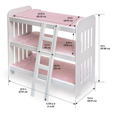 Badger Basket Triple Doll Bunk Bed With Ladder, Bedding, And Free Personalization Kit - Pink Gingham 8 Badger Basket Triple Doll Bunk Bed With Ladder, Bedding, And Free Personalization Kit - Pink Gingham - Image 6