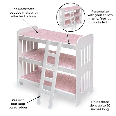 Badger Basket Triple Doll Bunk Bed With Ladder, Bedding, And Free Personalization Kit - Pink Gingham 9 Badger Basket Triple Doll Bunk Bed With Ladder, Bedding, And Free Personalization Kit - Pink Gingham - Image 7