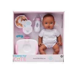 Perfectly Cute Feed & Wet 14" Baby Set - Dark Brunette With Brown Eyes