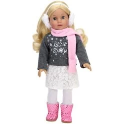 Sophia's - 18" Doll - "Let It Snow" Sweater, Lace Skirt, Leggings, Earmuffs, Pocket Scarf & Ewe Boots - Grey/White/Pink
